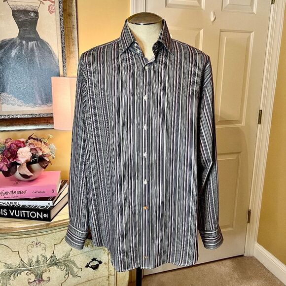 NWOT Men's Thomas Dean Button Front Striped Shirt Contrast Cuffs Size XL